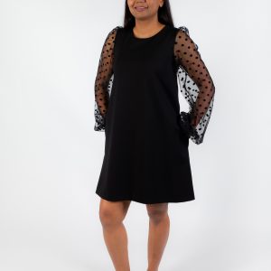 ROSE - black mesh spot puff sleeve shift dress - office dress